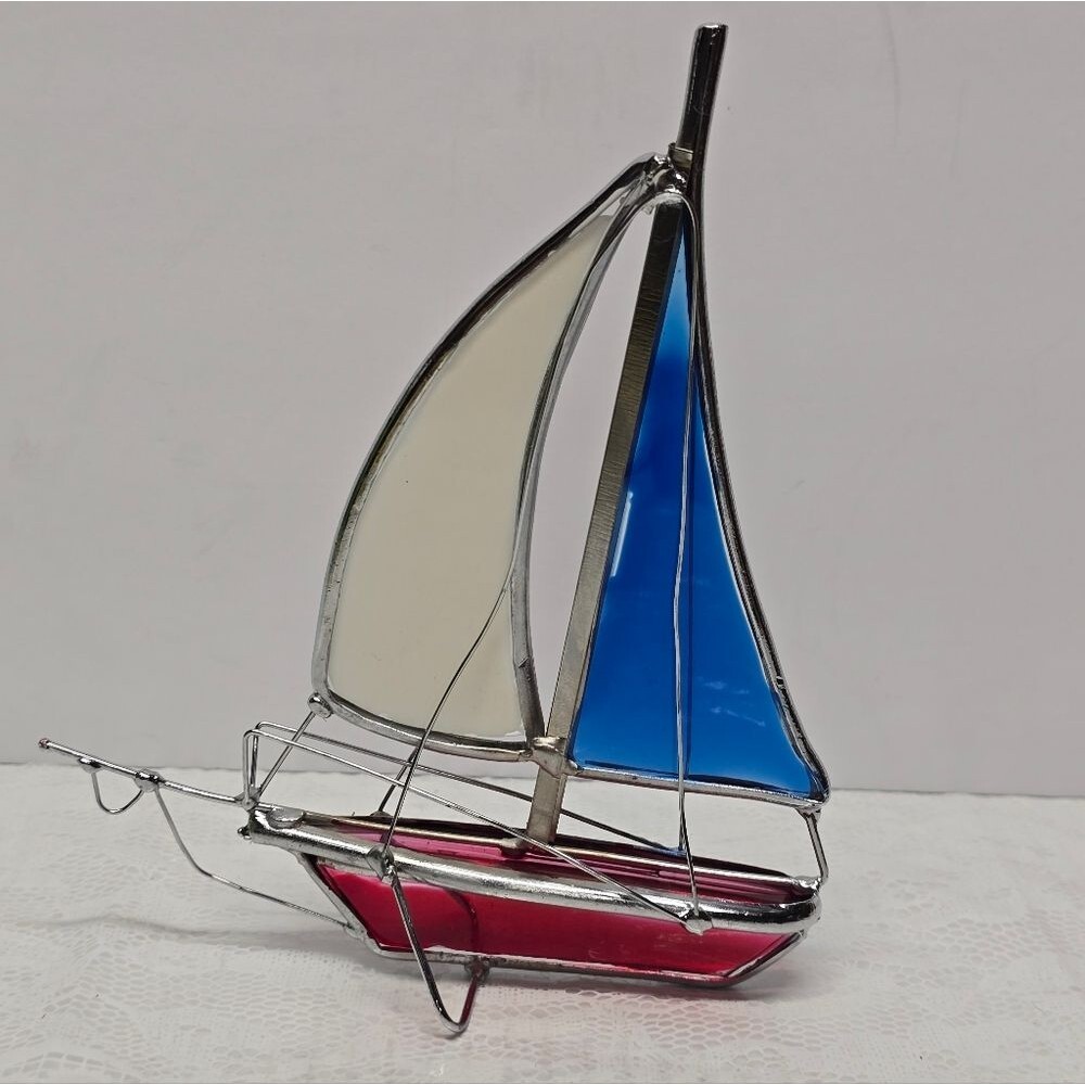 Vintage Stained Glass Sail Boat Suncatcher Red White And Blue Nautical Decor